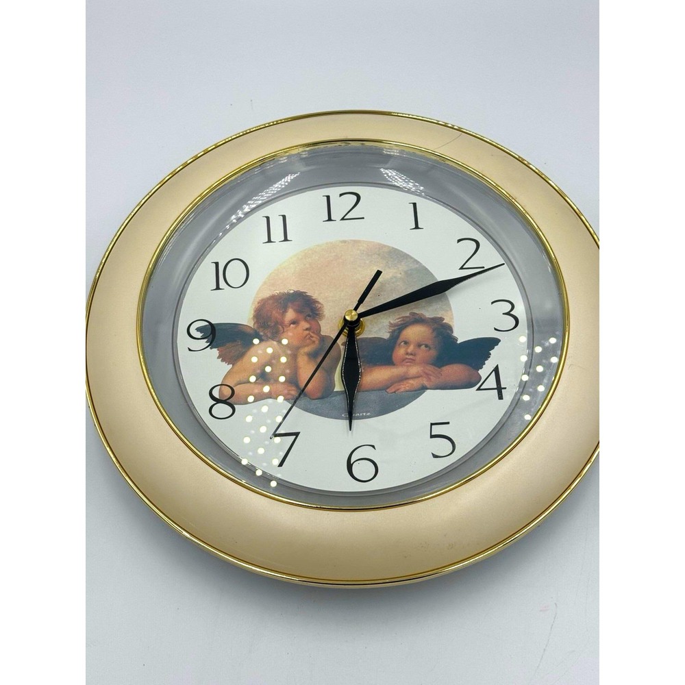 Round Angel Cherub Wall Clock Gold Tone/Cream Analog Quartz Battery-Operated